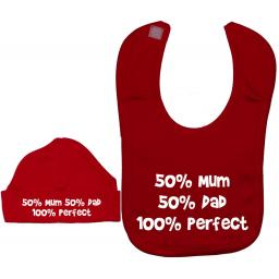 50% Mum 50% Dad 100% Perfect Baby Feeding Bib & Hat Set