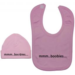 mmm..Boobies Baby Feeding Bib & Beanie Hat, Cap
