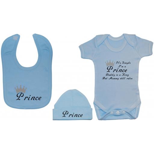 Prince Baby Grow, Bodysuit, Romper, Feeding Bib & Hat