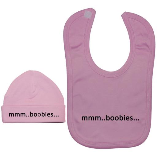 mmm..Boobies Baby Feeding Bib & Beanie Hat, Cap