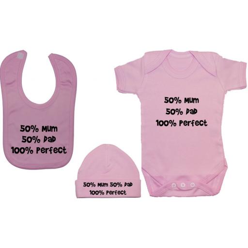 50% Mum 50% Dad 100% Perfect Baby Bodysuit Feeding Bib & Hat