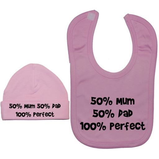 50% Mum 50% Dad 100% Perfect Baby Feeding Bib & Hat Set