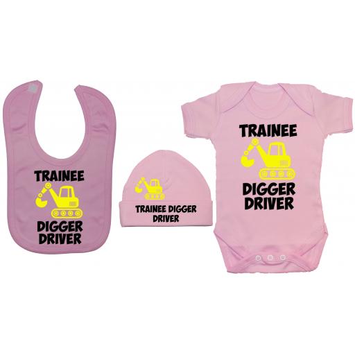 Trainee Digger Driver Baby Grow, Bodysuit & Feeding Bib & Hat