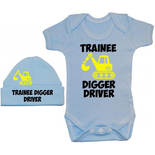 Trainee Digger Driver Bodysuit, Baby Grow & Beanie Hat
