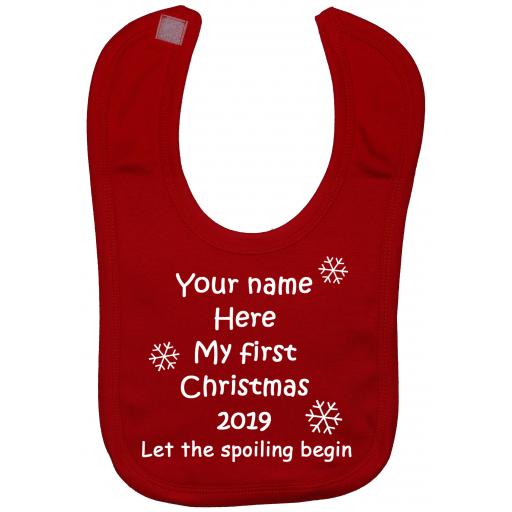 Personalised With Year My First Christmas Let The Spoiling Begin Baby Feeding Bib