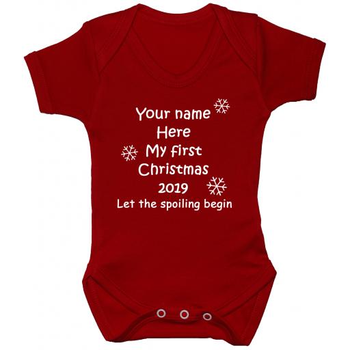 Personalised Name & Year My First Christmas Let the Spoiling Begin Baby Grow, Bodysuit