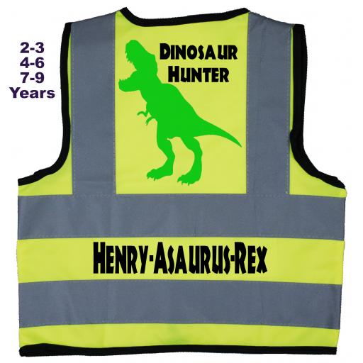 T Rex Dinosaur Hunter Personalised Hi Visibility Children's Kids Safety Jacket