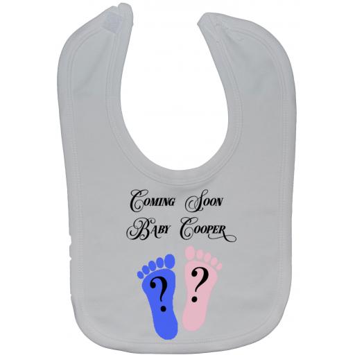 Personalised Coming Soon Gender Reveal Baby Feeding Bib Touch Attach